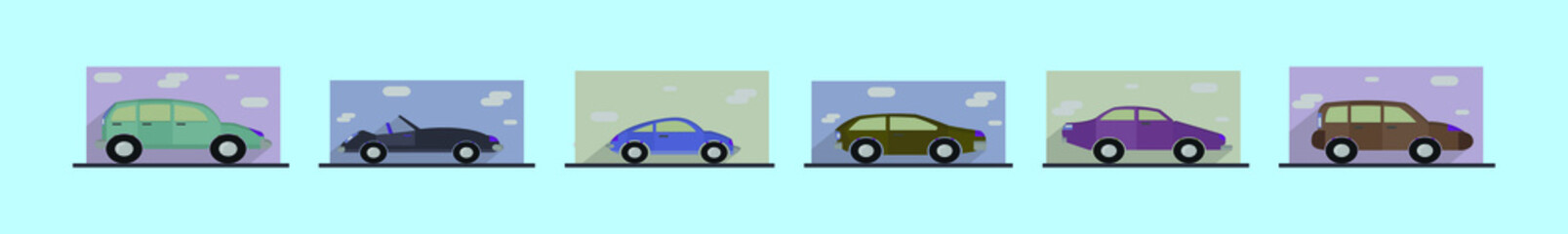 set of car cartoon icon design template with various models. vector illustration isolated on blue background