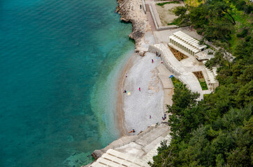 Fototapeta premium Aerial view of a beautiful beach with turquoise sea. Mediterranean sea, Nafplio, Greece
