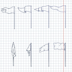 Vector Set of Sketch Flags on Flagpoles