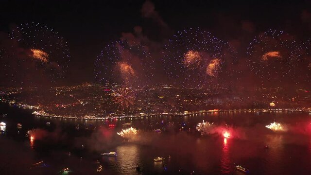 Fantastic fireworks celebration. Introduction to the new year. Fireworks ceremony in the middle of the sea. Celebration image from the air.