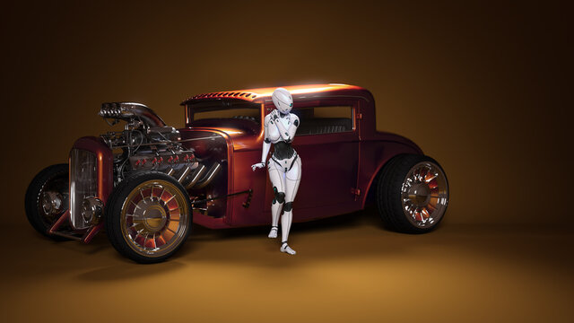 Image robot poses with the retro car. Portrait, fantasy picture with artificial intelligence for poster, wallpaper, background. 3d rendering, 3d illustration.