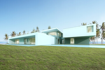 Perspective of modern luxury house with lawn yard on sea background, Exterior. 3d rendering.