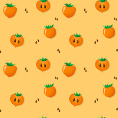 Persimmon vector seamless pattern. Background with Orange juicy fruit, green leaves and seeds on yellow background. Organic wallpaper for a banner