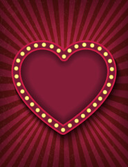 Brightly glowing red heart retro cinema neon vertical sign. Saint Valentine Day circus style show banner template. Background vector poster love image