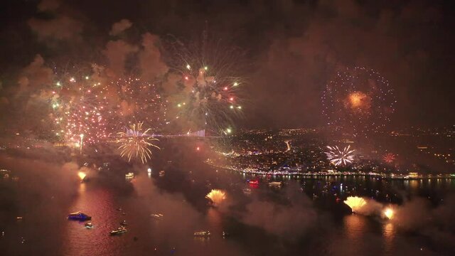Fantastic fireworks celebration. Introduction to the new year. Fireworks ceremony in the middle of the sea. Celebration image from the air.