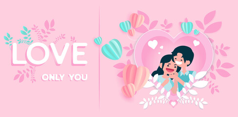 Cute valentine concept Couple on pink background with text, web design, banner, invitation card, valentine and happy new year