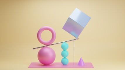 Abstract 3d illustration render of objects spheres and cube on gray background