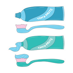 Tooth brush and tooth paste vector illustration, isolated colored hand drawn linear style 