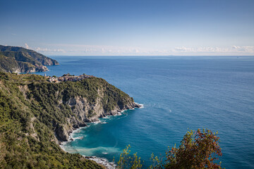 Fototapeta na wymiar Postcard view. Corniglia village in Cinque Terre on the Italian Riviera
