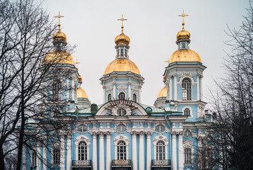 Fototapeta na wymiar Saint Nicholas Navy Cathedral, a Blue Baroque Orthodox Church in St. Petersburg, Russia