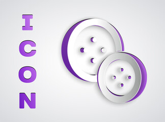Paper cut Sewing button for clothes icon isolated on grey background. Clothing button. Paper art style. Vector Illustration.