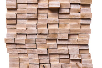 Large stack of new boards of natural solid birch for table legs production on white background close view