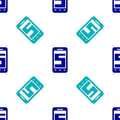 Blue New chat messages notification on phone icon isolated seamless pattern on white background. Smartphone chatting sms messages speech bubbles. Vector.