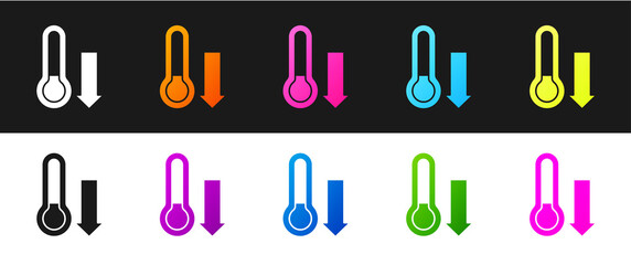 Set Meteorology thermometer measuring icon isolated on black and white background. Thermometer equipment showing hot or cold weather. Vector.