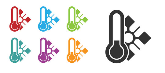 Black Meteorology thermometer measuring icon isolated on white background. Thermometer equipment showing hot or cold weather. Set icons colorful. Vector.