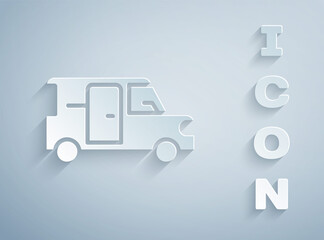 Paper cut Minibus icon isolated on grey background. Paper art style. Vector.