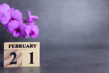 Day 21 of february month, Wooden calendar with date. Empty space for text.