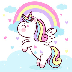 Cute unicorn pegasus cartoon fly on sky with rainbow and heart kawaii animal