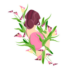 woman with flowers. vector illustration of woman back view. bouquet of flowers