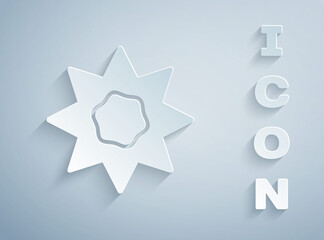 Paper cut Sun icon isolated on grey background. Summer symbol. Good sunny day. Paper art style. Vector.