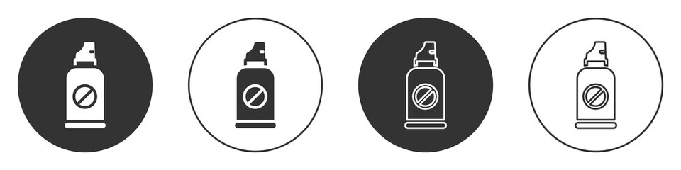 Black Spray against insects icon isolated on white background. Circle button. Vector.