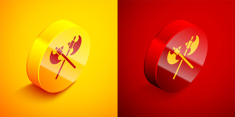 Isometric Crossed medieval axes icon isolated on orange and red background. Battle axe, executioner axe. Medieval weapon. Circle button. Vector.