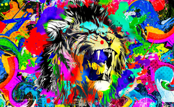 lion head with creative abstract elements on colorful background