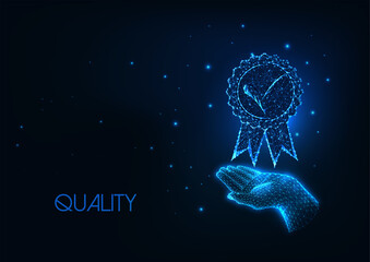 Futuristic premium quality concept with glowing low polygonal hand holding medal