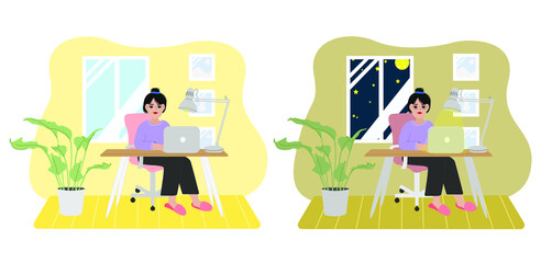 The girl works all day and all night at the computer in the room. Freelance happy and tired woman at home.