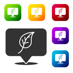 Black Location with leaf icon isolated on white background. Eco energy concept. Alternative energy concept. Set icons in color square buttons. Vector.