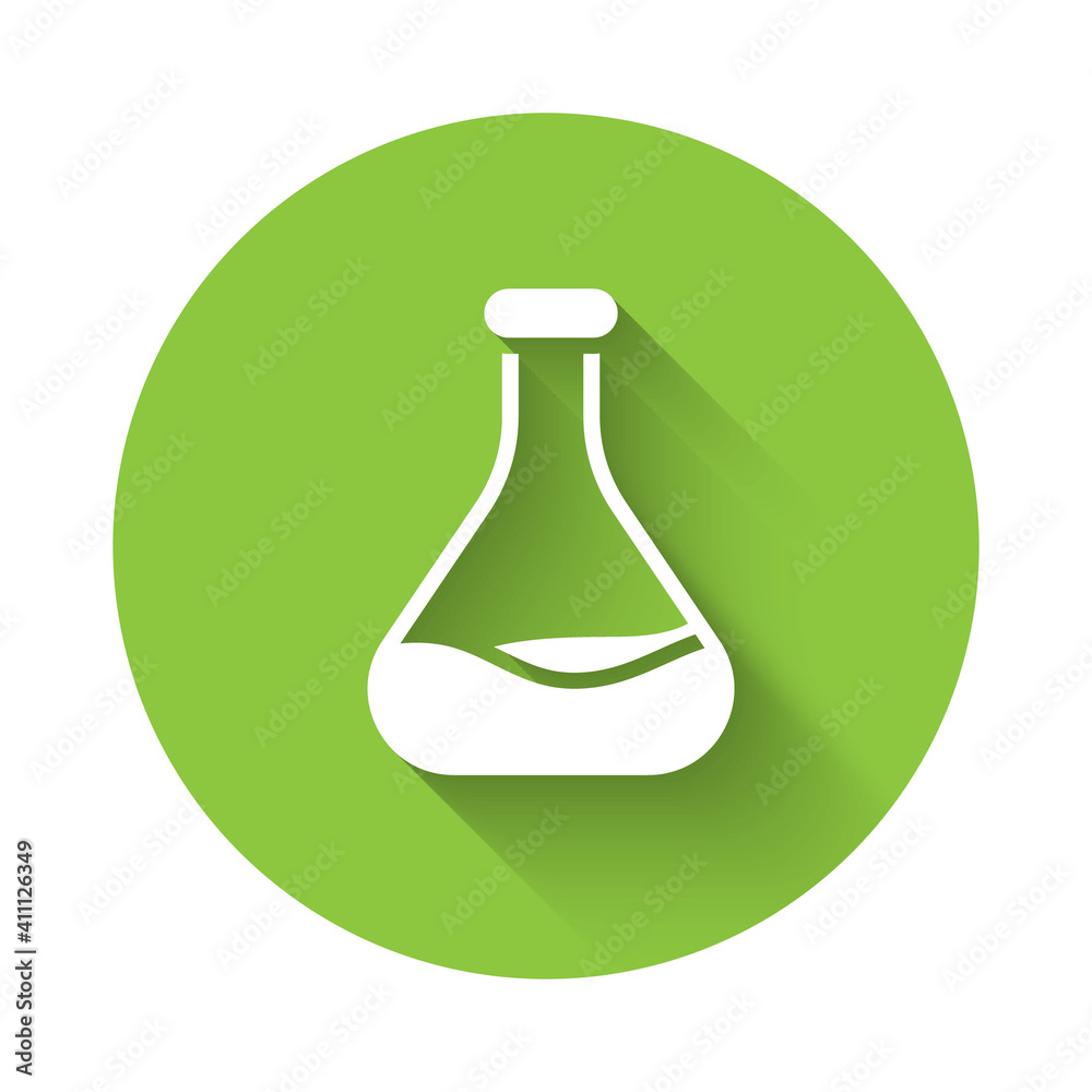 Sticker White Test tube and flask icon isolated with long shadow. Chemical laboratory test. Laboratory glassware. Green circle button. Vector.