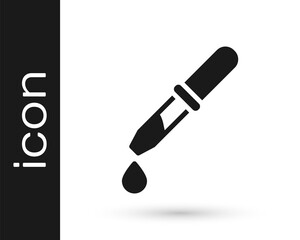 Black Pipette icon isolated on white background. Element of medical, chemistry lab equipment. Pipette with drop. Medicine symbol. Vector.