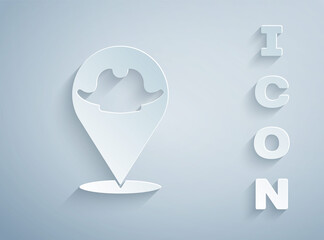 Paper cut Location pirate icon isolated on grey background. Paper art style. Vector.
