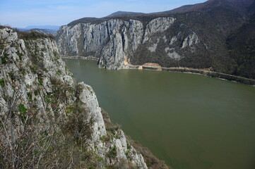 Danube gorges. Landscape with Danube gorges photographed from above. Aerial photography.
