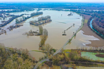 Fototapeta premium Aerial view flooded forest plains with country road , Rhine River, Rhineland Palatinate, Germany