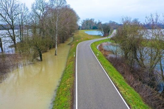 Aerial view flooded forest plains with country road , Rhine River, Rhineland Palatinate, Germany
