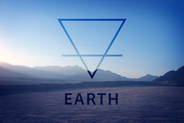 Double exposure of desert landscape and alchemical symbol of Earth