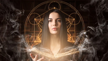 Female alchemist with book on dark background - obrazy, fototapety, plakaty