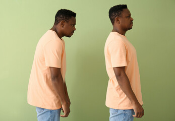 African-American man with bad and proper posture on color background