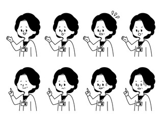 中年女性職員の表情セット-白黒