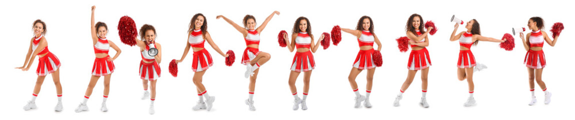 Set of beautiful African-American cheerleader on white background