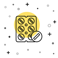 Black line Pills in blister pack icon isolated on white background. Medical drug package for tablet, vitamin, antibiotic, aspirin. Random dynamic shapes. Vector Illustration.