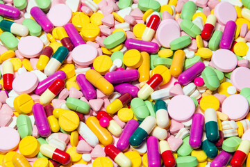 Drugs background. Close up many colors and types of drugs. Pharmacy and Hospital concept background.