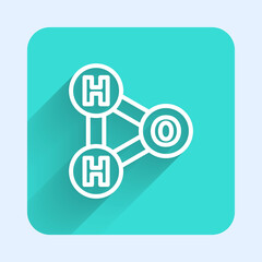 White line Chemical formula for water drops H2O shaped icon isolated with long shadow. Green square button. Vector Illustration.