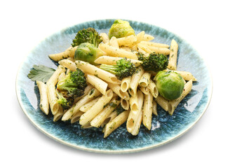 Delicious pasta with vegetables on white background