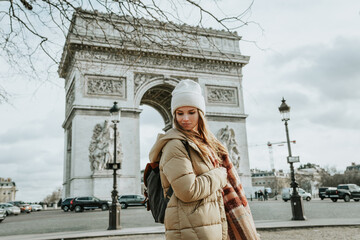 Young beautiful fashionable woman tourist in  white hat and scarf on background of  famous Arc de...