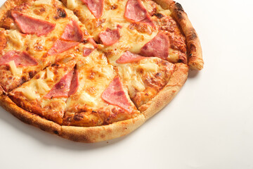 Pizza with ham and cheese isolated on white background. Italian food concept. Appetizing pizza.