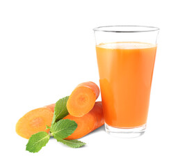 Glass of fresh carrot juice and carrot slices on white background