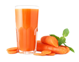 Glass of fresh carrot juice and carrot slices on white background