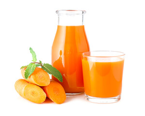 Bottle of tasty carrot juice on white background